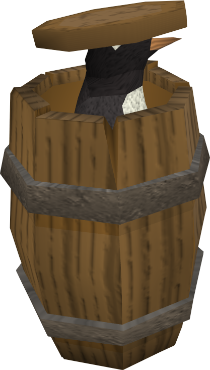 A penguin in a barrel.