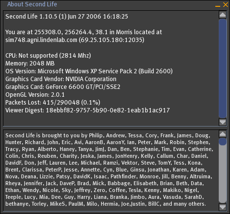 SL 1.10 About Second Life window