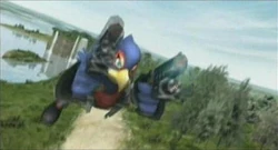 Falco, immediatly after jumping out of his arwing