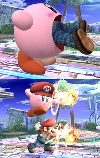 Kirby inhaling Mario. Once Mario is inhaled, Kirby can absorb Mario's power, allowing him to use Mario's fireballs.