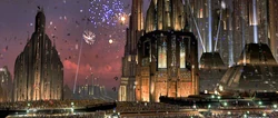 Folket på Coruscant fejrer Palpatines død.