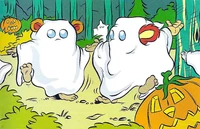 Teebo and Wicket W. Warrick dressed up as ghosts for Hallowe'en.