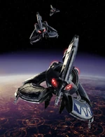 A trio of droid tri-fighters over Coruscant.