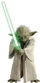 Yoda wielding his short lightsaber.