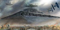Imperial-class Star Destroyers over a Naboo city.