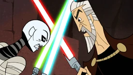 Dooku duels Asajj Ventress, who would soon become his Dark Acolyte.
