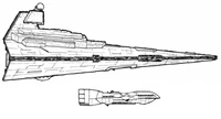 A Dreadnaught-class heavy cruiser shown to scale with an Imperial-class Star Destroyer (1,600m).