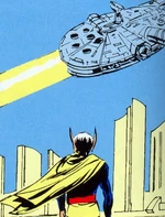 Cody Sunn-Childe watches as the Millennium Falcon flies to battle.