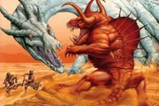 A greater krayt attacks a smaller species of krayt dragon.