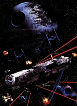 The Millennium Falcon leads the starfighter attack during the battle.
