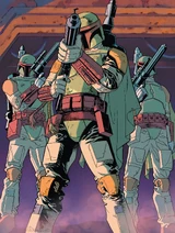 Fett and two of his Mandalorian Protectors.
