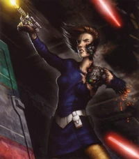 A Human replica droid under fire.