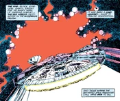 The Millennium Falcon approaches the Red Nebula.