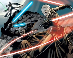 Sora Bulq and Asajj Ventress use Jar'Kai against one another.