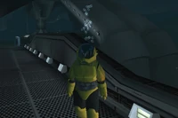 Revan in an enviro-suit outside the station.