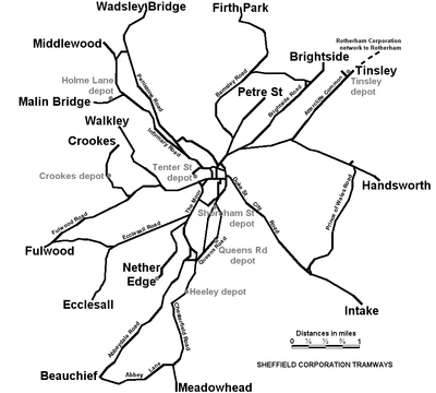 The Sheffield Corporation tramway network in 1948.