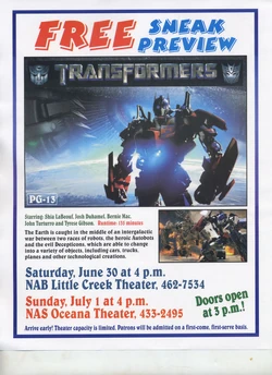 A promotional flyer for early showings of Transformers (2007) at Little Creek Naval Air Base and Oceana Naval Air Station.