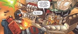 Robots in Disguise characters save Sentinel Maximus from tiny Unicron.