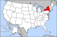 Map of the United States with New York highlighted in red.
