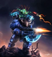 Concept art for the fictional "Tauren Marine" unit, depicting the Tauren seen in the band's logo, marine-outfitted, joined by a Murloc.