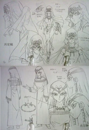Ishizu's design incorporates multiple layers of clothing and a wide range of expressions. Depicted here is the duelist in her attire from the Battle City tournament (top) and her casual clothing (bottom) from front, side and rear views and alongside views of her head from different angles.